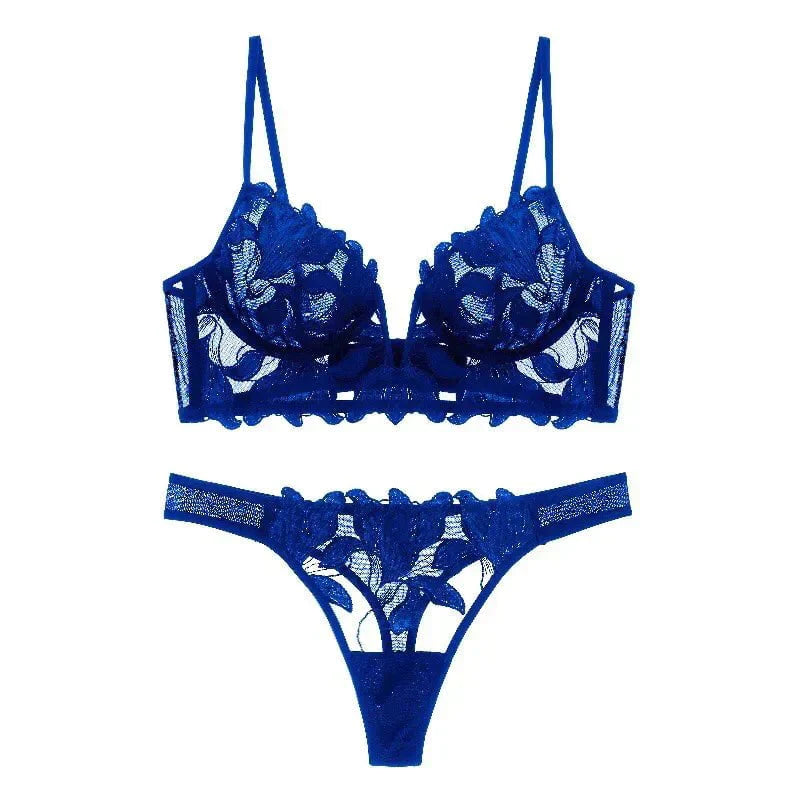 Darcy - Lace Embroidery Deep V Bra And Panty Set