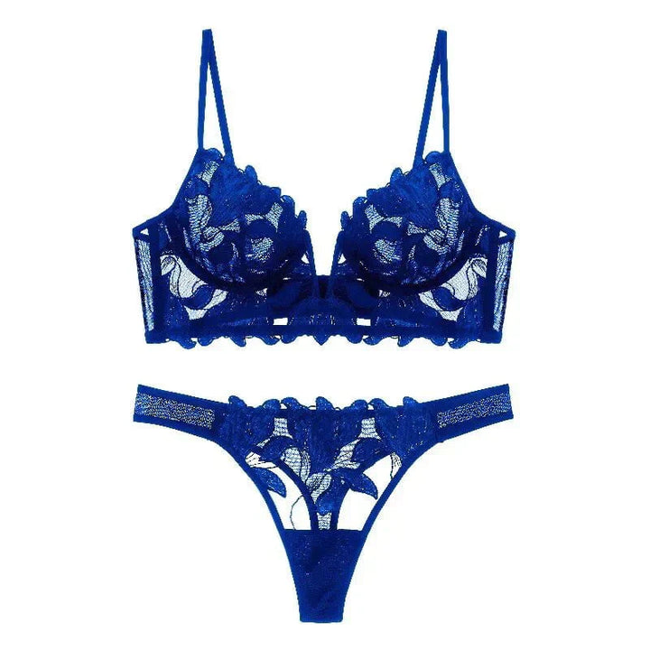 Darcy - Lace Embroidery Deep V Bra And Panty Set