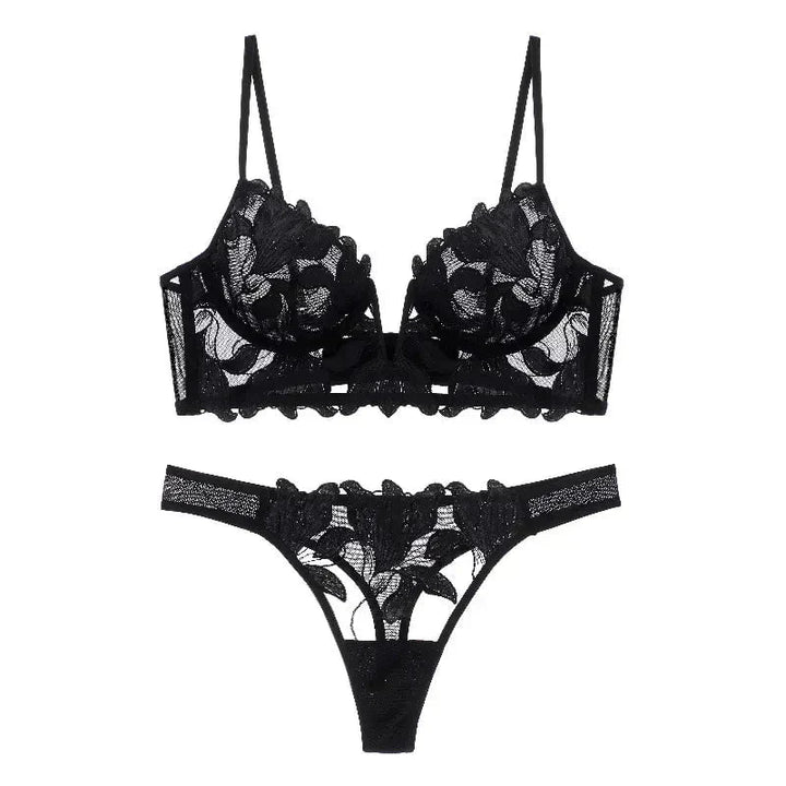 Darcy - Lace Embroidery Deep V Bra And Panty Set